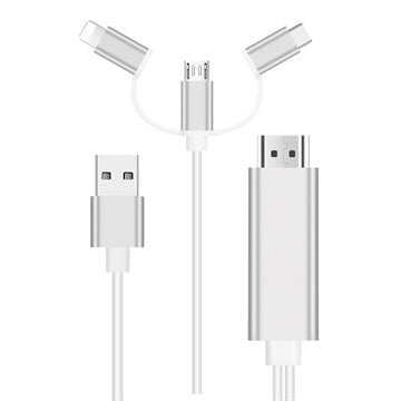 3-i-1 HDMI Kabel - Lightning, Type-C, MicroUSB