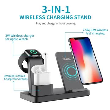 3 i 1 lodret trådløs oplader til skrivebordet Hurtigopladningsstativ til iPhone/Apple Watch/Airpods - Sort
