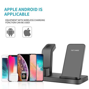 3 i 1 lodret trådløs oplader til skrivebordet Hurtigopladningsstativ til iPhone/Apple Watch/Airpods - Sort