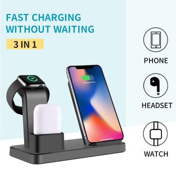 3 i 1 lodret trådløs oplader til skrivebordet Hurtigopladningsstativ til iPhone/Apple Watch/Airpods - Sort