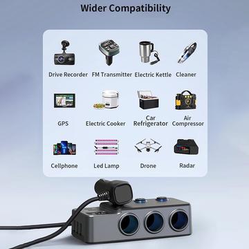 3-i-1 hurtigopladende biloplader PD 35W - cigarettænderadapter 120W og 5 USB-porte - sort