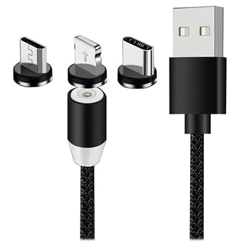 3-i-1 LED Magnetisk Kabel - Lightning, USB-C, MicroUSB - 1m - Sort