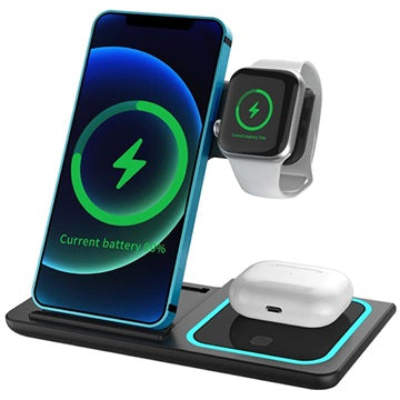 3-i-1 Bærbar Trådløs Ladestation - Apple Watch, iPhone, AirPods - Sort