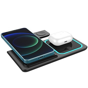 3-i-1 Bærbar Trådløs Ladestation - Apple Watch, iPhone, AirPods - Sort