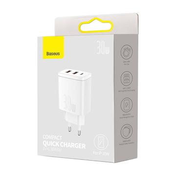 Baseus Compact Hurtig Oplader 30W - USB-C PD, 2xUSB - Hvid