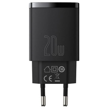 Baseus Compact Oplader 20W - USB-C PD3.0, USB QC3.0 - Sort