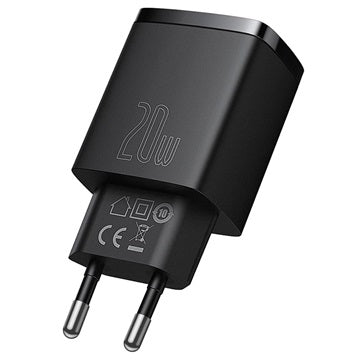 Baseus Compact Oplader 20W - USB-C PD3.0, USB QC3.0 - Sort