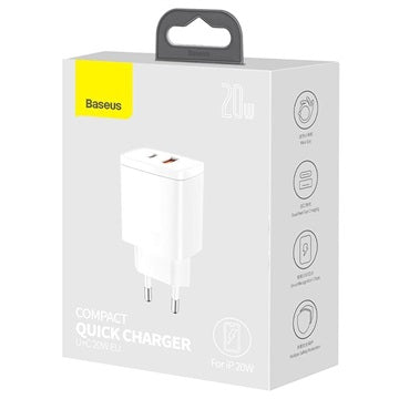 Baseus Compact Oplader 20W - USB-C PD3.0, USB QC3.0 - Hvid