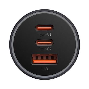 Baseus Golden Contactor Pro biloplader 65W - 2xUSB-C, 1x USB - Grå