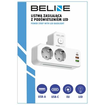 Beline Power Strip med LED-baggrundsbelysning - 2x USB-A, USB-C, 2x AC - Hvid