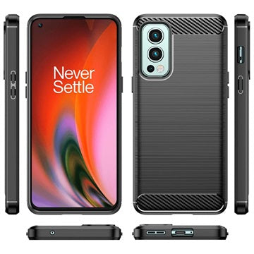 OnePlus Nord 2 5G Børstet TPU Cover - Karbonfiber - Sort