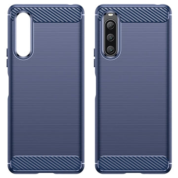 Sony Xperia 10 V Børstet TPU Cover - Karbonfiber - Blå