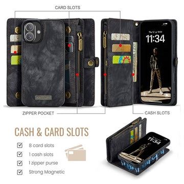 iPhone 16 Plus Caseme 008 2-i-1 Multifunktionel Pung - Sort