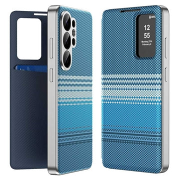 Samsung Galaxy S26 Ultra Smart View-klapetui med ternet mønster og kortholder - Blå