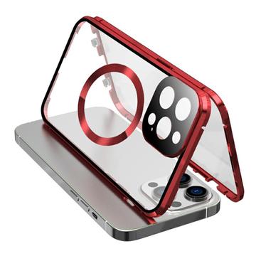 Kompatibel med MagSafe-etui til iPhone 15 Pro magnetisk metalramme + dobbeltsidet telefoncover i hærdet glas med spændelås - rød