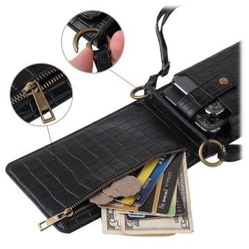Crocodile Pattern Crossbody Mobiltaske med Makeup Spejl - Sort