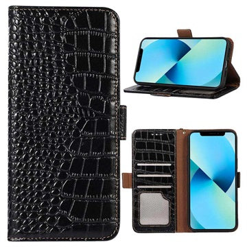 Crocodile Series iPhone 14 Læderpung med RFID - Sort