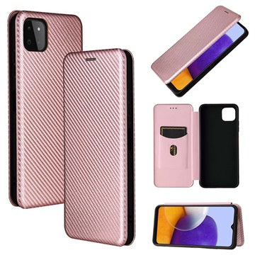 Samsung Galaxy A22 5G, Galaxy F42 5G Flip Cover - Karbonfiber - Rødguld