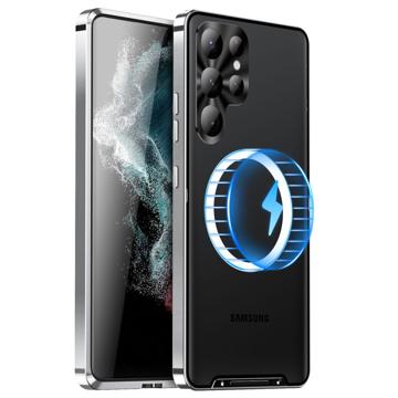 Galvaniseret Magnetisk Samsung Galaxy S23 Ultra 5G Hybrid Cover - Sølv