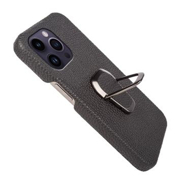 iPhone 14 Pro Max Læder Belagt Cover med Ring Holder - Sort