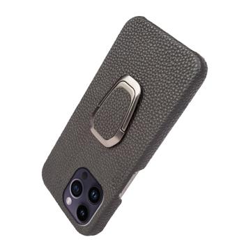 iPhone 14 Pro Max Læder Belagt Cover med Ring Holder - Sort