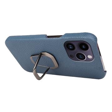 iPhone 14 Pro Max Læder Belagt Cover med Ring Holder - Blå