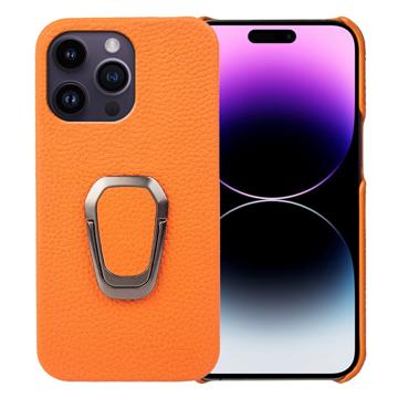 iPhone 14 Pro Max Læder Belagt Cover med Ring Holder - Gul