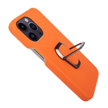 iPhone 14 Pro Max Læder Belagt Cover med Ring Holder - Gul