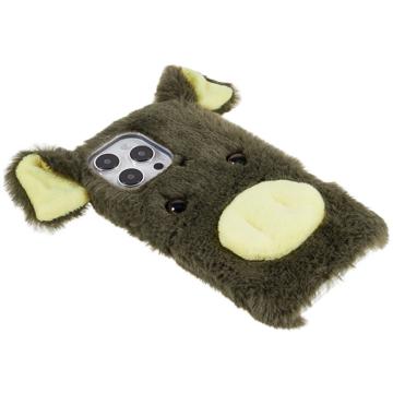 Fluffy Plush iPhone 14 Pro Hybrid Cover - Grøn Gris