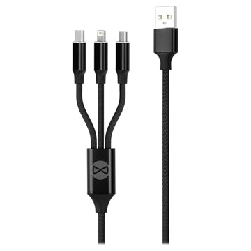 Forever 3-i-1 Flettet USB Ladekabel - 1.2m - Sort