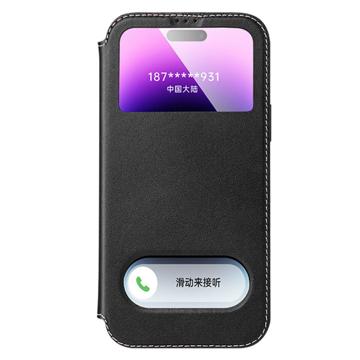 Dual View iPhone 14 Pro Max Flip Lædercover - Sort