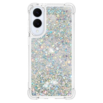 Samsung Galaxy S25 Edge Glitter Quicksand TPU Cover - Sølv hjerter