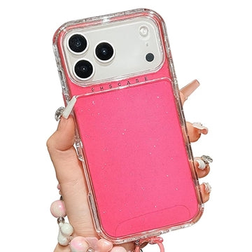 iPhone 17 Pro Glitter stødsikkert hybrid cover med håndledsrem - Hot Pink