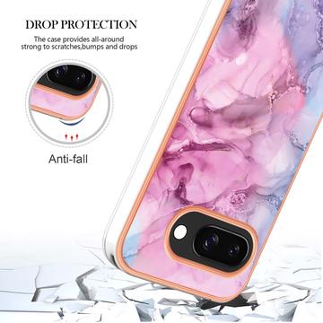 Google Pixel 9a Marmormønster Galvaniseret IMD TPU Cover - Blå / Pink