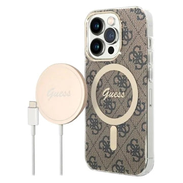 Guess 4G Edition Bundle Pack iPhone 14 Pro Max Cover & Trådløs Oplader - Brun