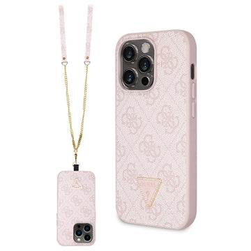 iPhone 15 Pro Max Guess 4G Strass Triangle Metal Logo Cover med Crossbody Rem - Pink