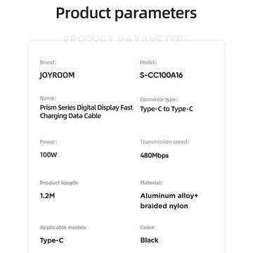 Joyroom S-CC100A16 Prisme digital skærm USB-C kabel - 100W - sort