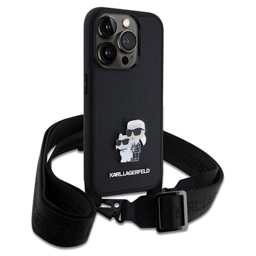 iPhone 15 Pro Karl Lagerfeld Saffiano Crossbody Metal Karl & Choupette Cover - Sort