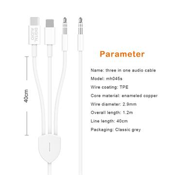 MH045S 3-i-1 AUX Bilkabel – USB-C, Lightning & 3.5mm Jack – Hvid