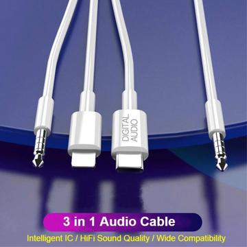 MH045S 3-i-1 AUX Bilkabel – USB-C, Lightning & 3.5mm Jack – Hvid