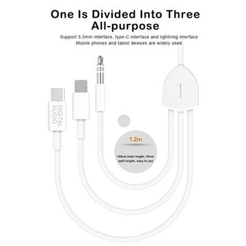 MH045S 3-i-1 AUX Bilkabel – USB-C, Lightning & 3.5mm Jack – Hvid