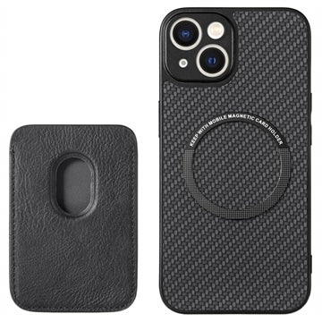 iPhone 15 Plus Magnetisk Cover med Kortholder - Karbonfiber - Sort