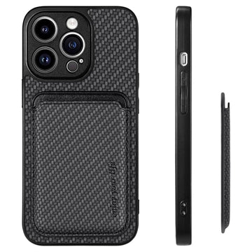 iPhone 15 Pro Magnetisk Cover med Kortholder - Karbonfiber - Sort