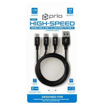 Prio High-Speed 3-i-1 Ladekabel - 1.2m - Sort