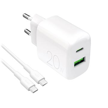 Puro Prolite 20W dobbeltport-oplader med USB-C-kabel - hvid