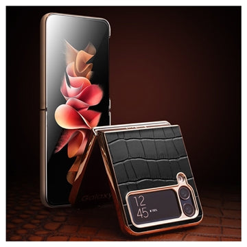 Qialino Croco Samsung Galaxy Z Flip4 Læder Dækket Cover - Sort