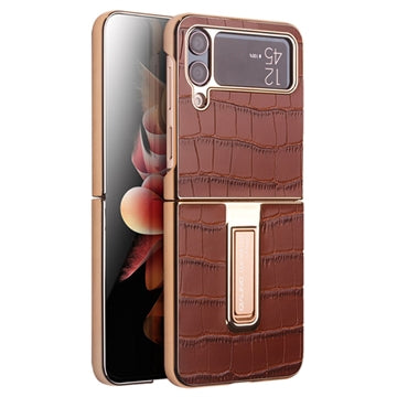 Qialino Croco Samsung Galaxy Z Flip4 Læder Dækket Cover - Brun
