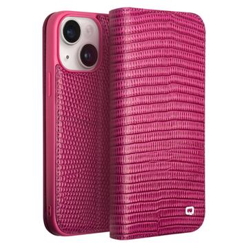 Qialino iPhone 15 Plus Læderpung - Krokodille - Hot Pink