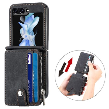 Samsung Galaxy Z Flip5 Retro Belagt Cover med Pung - Sort