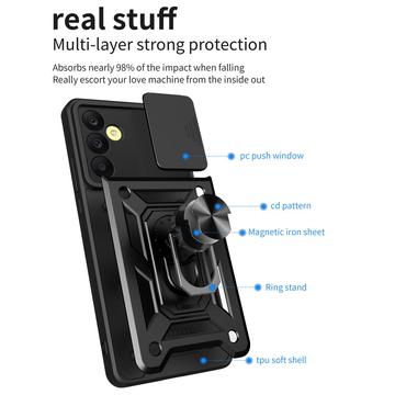 Samsung Galaxy A25 Roterende Ring Hybrid Cover med Kameraskjold - Sort